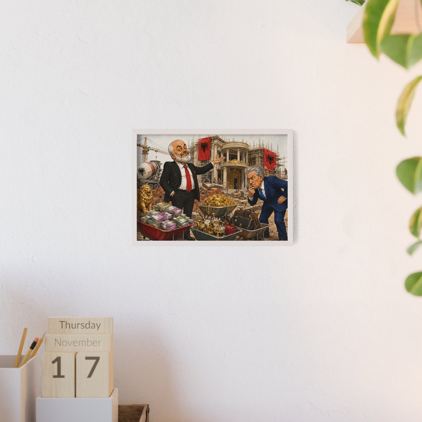 Political Satire Poster with Wooden Frame Corruption & Wealth Illustration