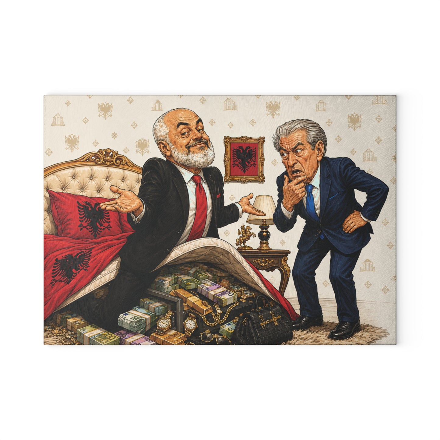 Glass Cutting Board — Political Satire Illustration: Two Politicians and Hidden Cash