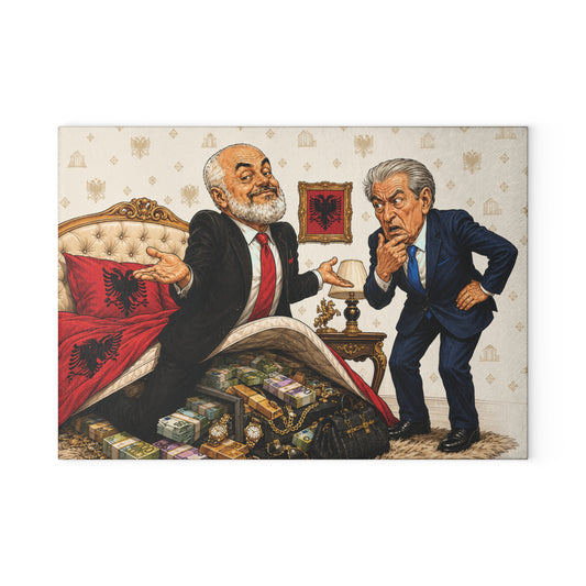 Glass Cutting Board — Political Satire Illustration: Two Politicians and Hidden Cash