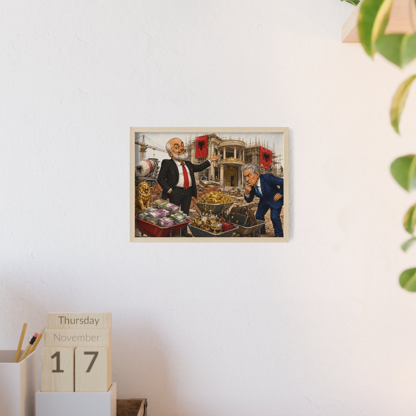 Political Satire Poster with Wooden Frame Corruption & Wealth Illustration