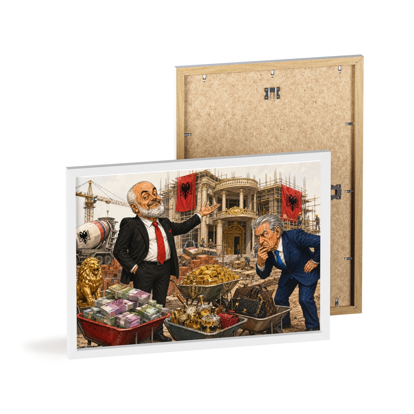 Political Satire Poster with Wooden Frame Corruption & Wealth Illustration