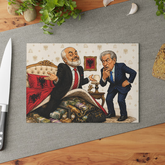 Glass Cutting Board — Political Satire Illustration: Two Politicians and Hidden Cash