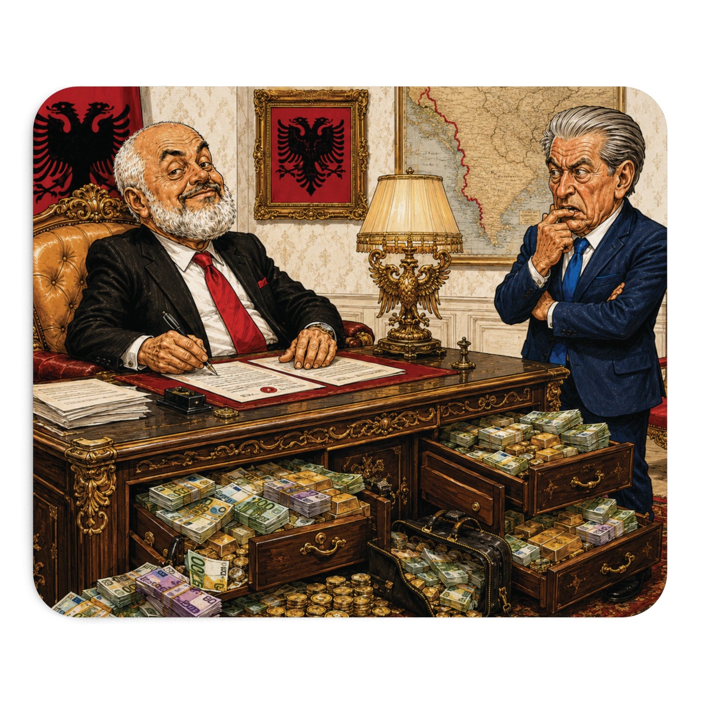 Albanian Political Satire Mouse Pad — Corruption Cartoon Desk Mat