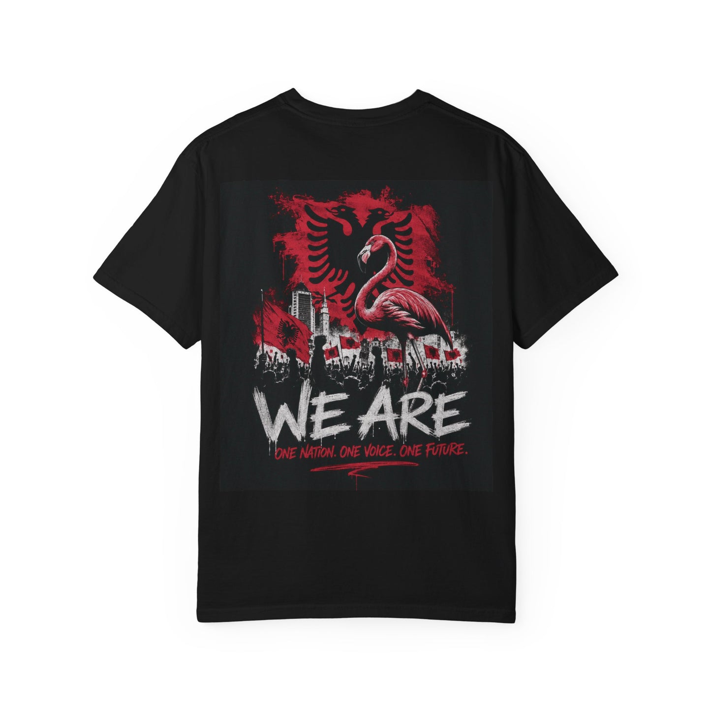 Back view of black WE ARE The Movement T-shirt with flamingo and Albanian double eagle artwork