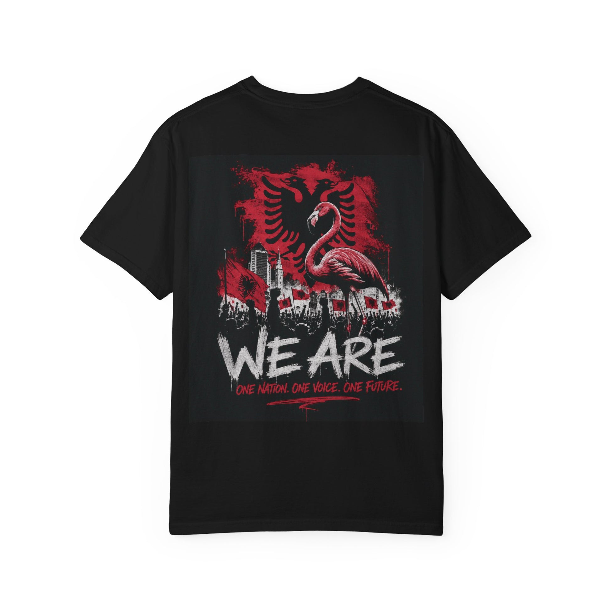 Back view of black WE ARE The Movement T-shirt with flamingo and Albanian double eagle artwork