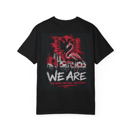 Back view of black WE ARE The Movement T-shirt with flamingo and Albanian double eagle artwork