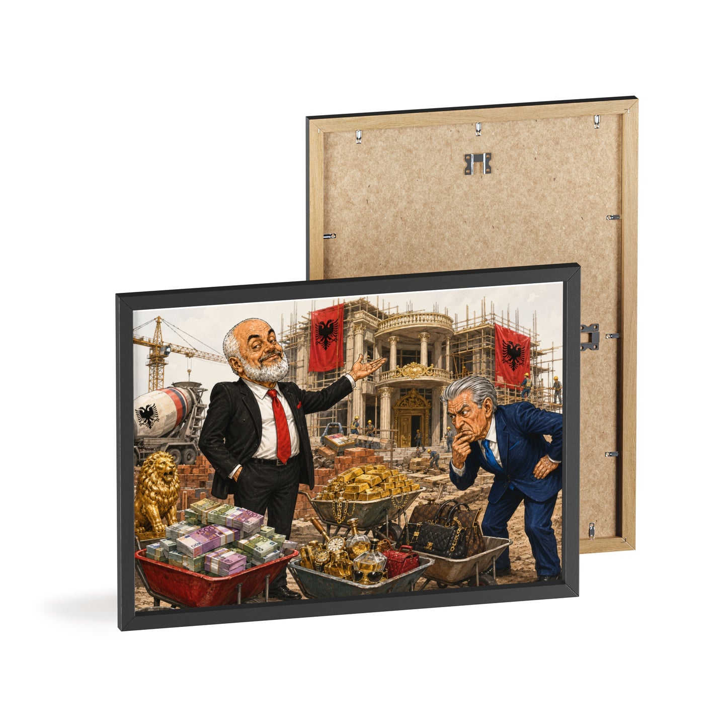 Political Satire Poster with Wooden Frame Corruption & Wealth Illustration