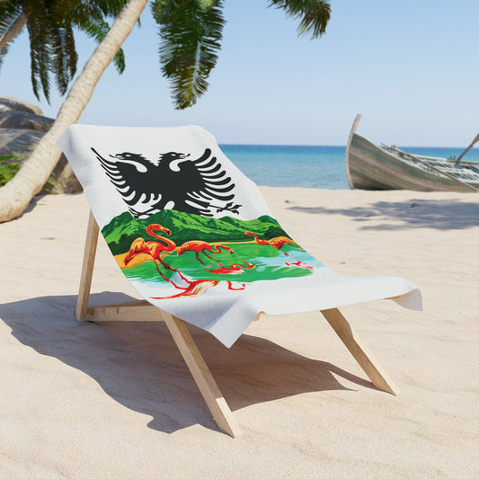 Albanian Eagle Flamingos Beach Towel - Tropical Island Flag Design