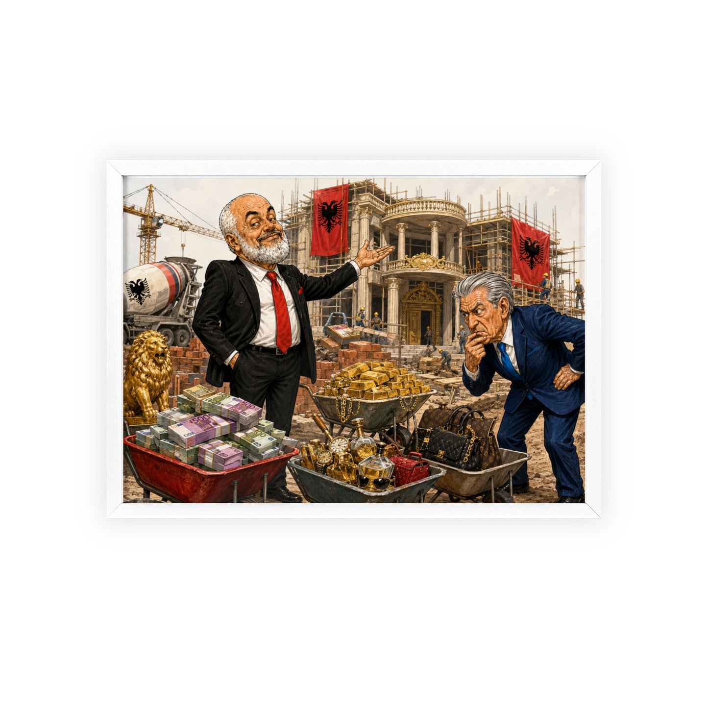 Political Satire Poster with Wooden Frame Corruption & Wealth Illustration
