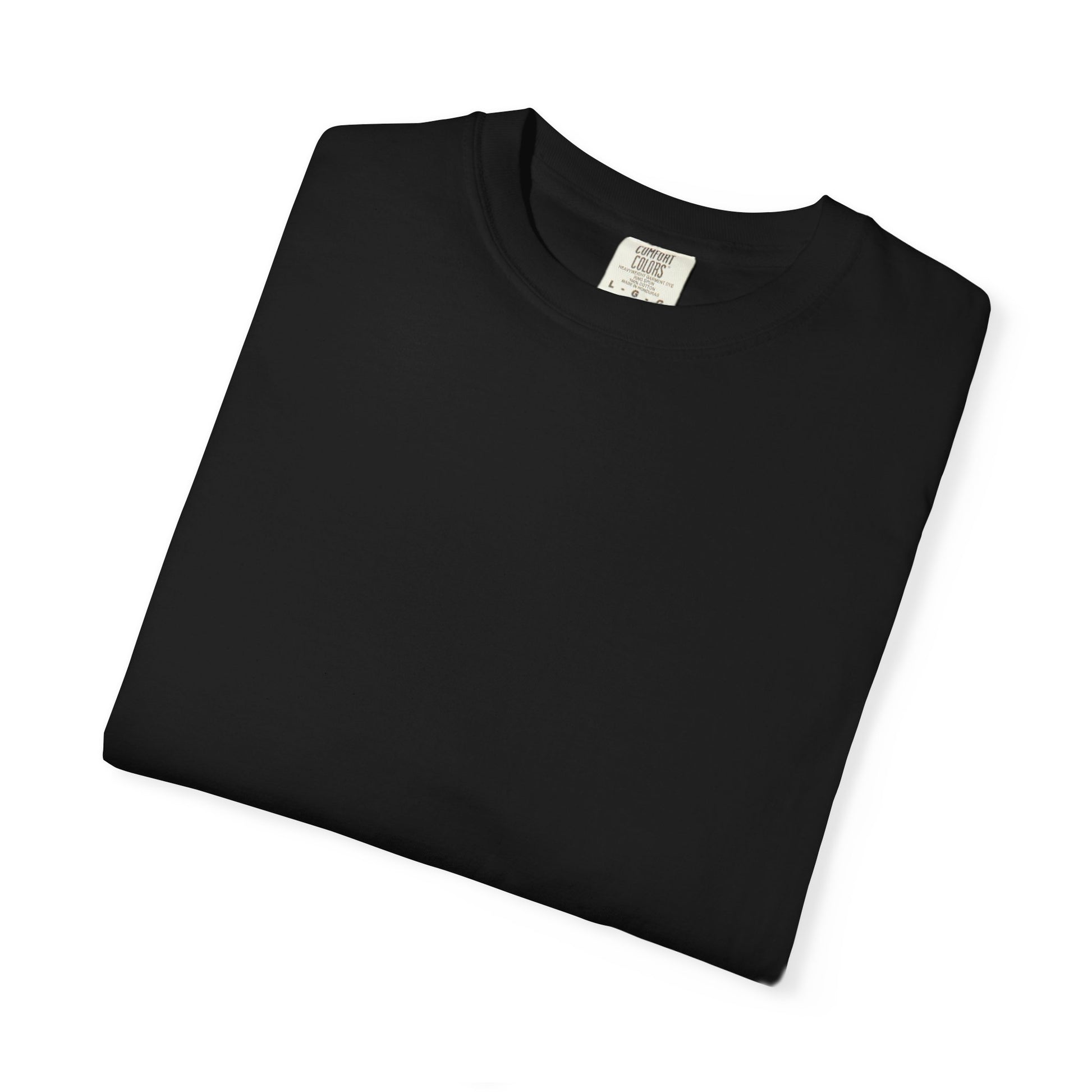 Folded black heavyweight WE ARE The Movement T-shirt showing the crew neck and fabric
