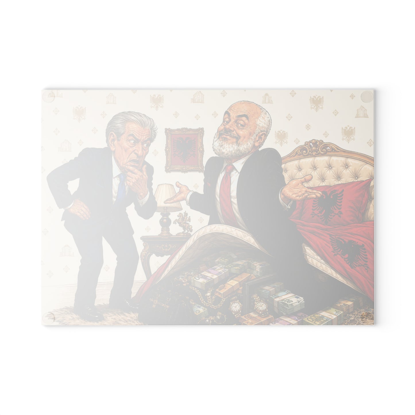 Glass Cutting Board — Political Satire Illustration: Two Politicians and Hidden Cash