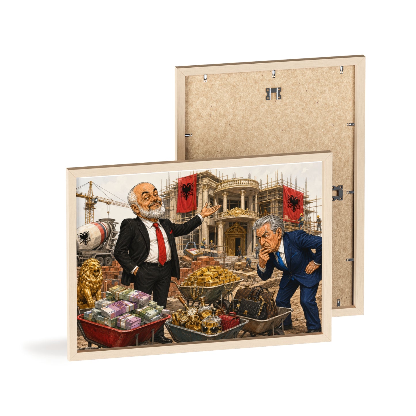 Political Satire Poster with Wooden Frame Corruption & Wealth Illustration