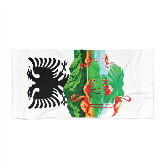 Albanian Eagle Flamingos Beach Towel - Tropical Island Flag Design